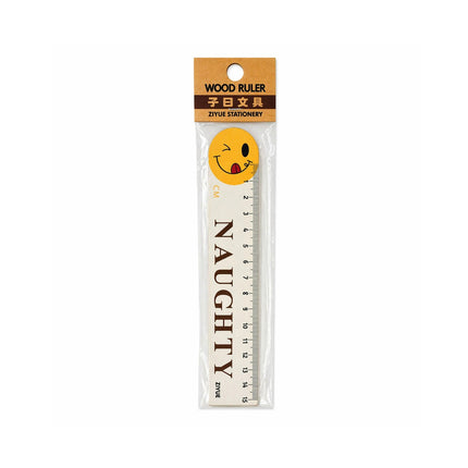 Wood ruler with a smiley face design in packaging on a white background