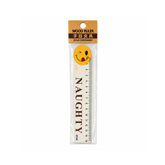 Wood ruler with a smiley face design in packaging on a white background