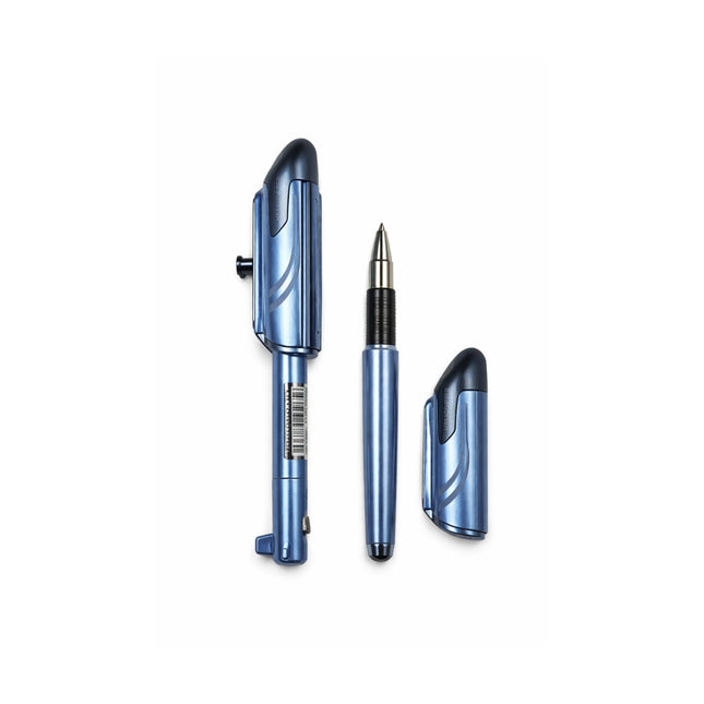 Blue pen set with multiple components on a white background