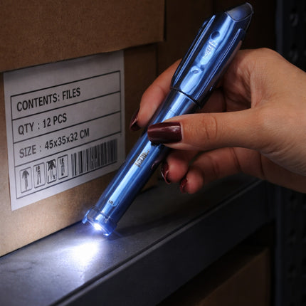 Hand holding a blue flashlight in front of a cardboard box with labels.