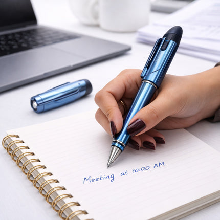 Hand holding a blue pen over a notebook with a meeting note, laptop in the background