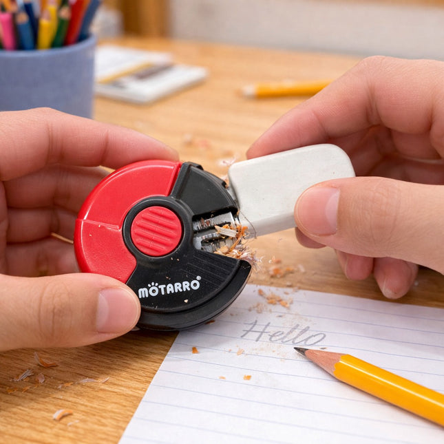 Person using a red and black Motarro pencil sharpener on a yellow pencil with a notebook in the background.
