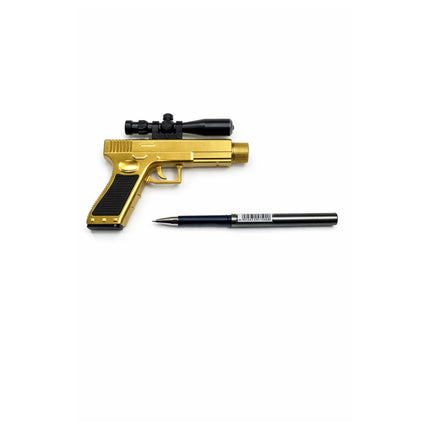 Gold paintball gun with black scope and pen on a white background