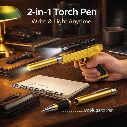 2-in-1 torch pen being used on a desk with a notebook and lamp.