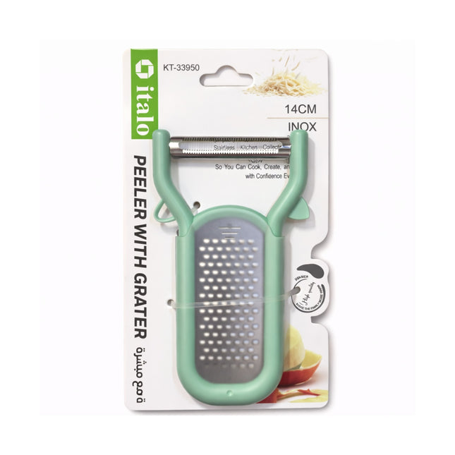 Mint green peeler with grater on its packaging, featuring the brand 'italo'.