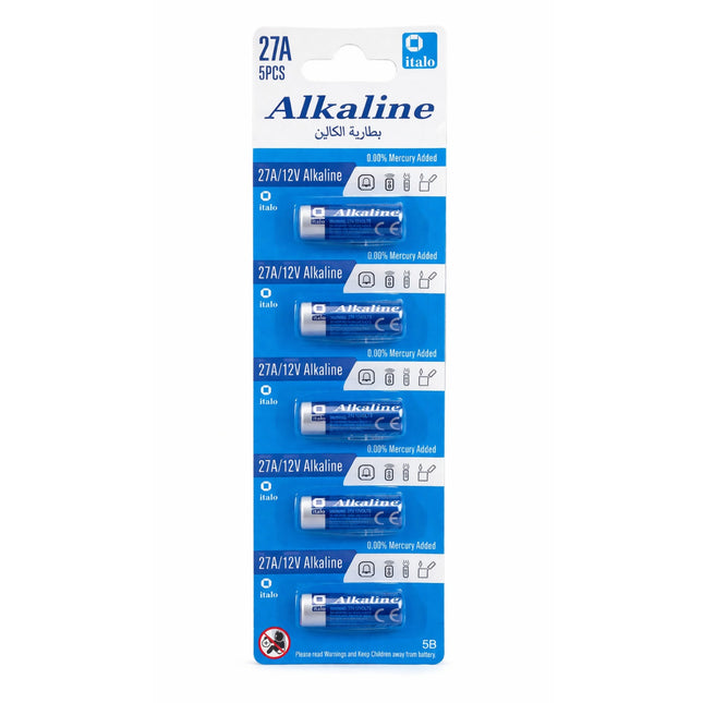 Pack of 5 Alkaline batteries with Italo branding on a white background