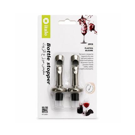Packaging of two bottle stoppers with a glass of red wine on a white background