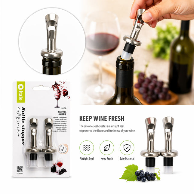 Bottle stopper with packaging and wine-themed graphics on a white background