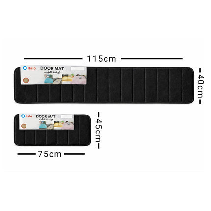 Black door mat with measurements on a white background