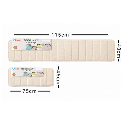 Beige door mat with dimensions labeled on a white background