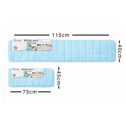 Measurement chart of a blue door mat with dimensions labeled