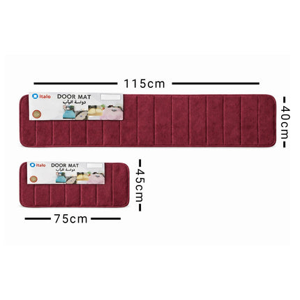 Red door mat with dimensions labeled on a white background
