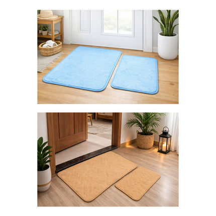 Two sets of blue and beige bath mats on wooden floors with plants and furniture.