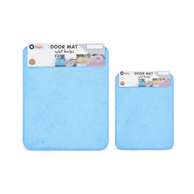 Two blue door mats with brand labels on a white background