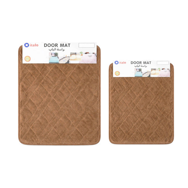 Two brown door mats with brand labels on a white background