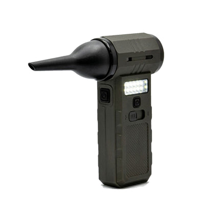 Black handheld device with a light on a white background