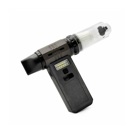 Black handheld device with a clear cylindrical component on a white background