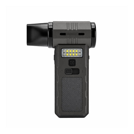 Black handheld device with a digital display on a white background