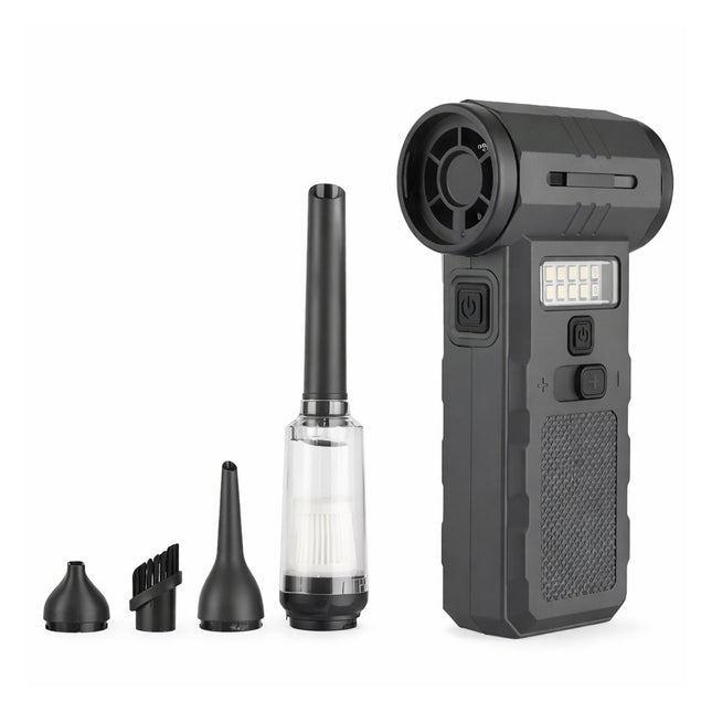 Black electronic device with attachments on a white background