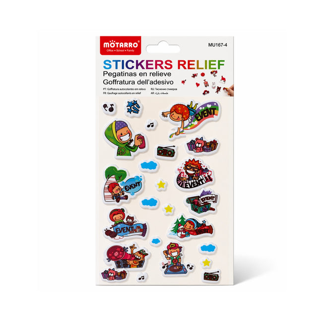 Packaging of Motarro stickers with colorful designs on a white background