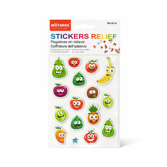 Packaging of Motarro stickers with cartoon fruits and vegetables on a white background