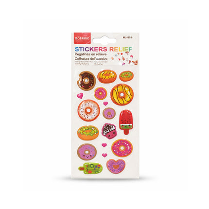 Pack of relief stickers with various dessert designs on a white background