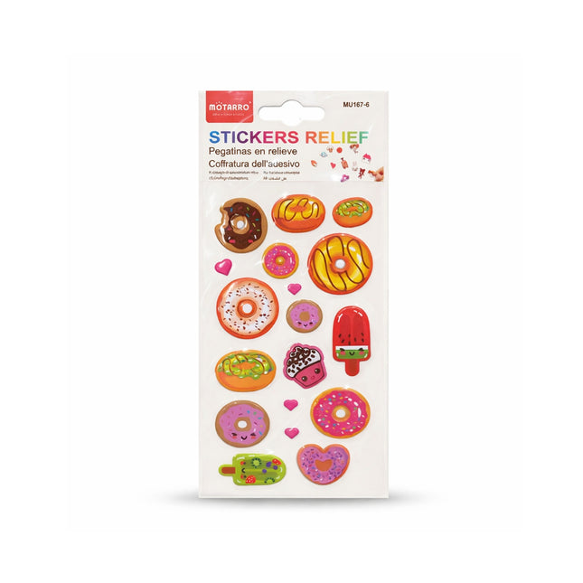 Pack of relief stickers with various dessert designs on a white background