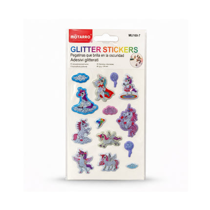 Pack of motarro glitter stickers with colorful designs on a white background