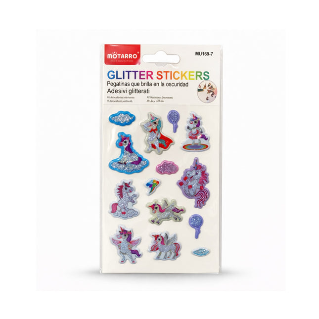 Pack of motarro glitter stickers with colorful designs on a white background