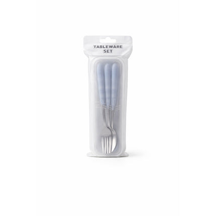Tableware set with a fork and knife in a clear plastic packaging on a white background