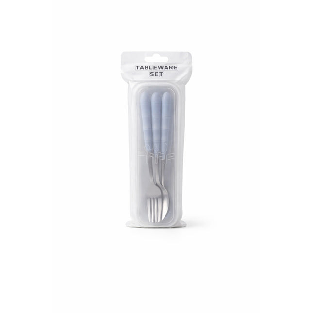 Tableware set with a fork and knife in a clear plastic packaging on a white background