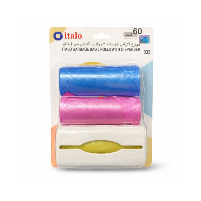 Packaging of italo garbage bags with dispenser on a white background