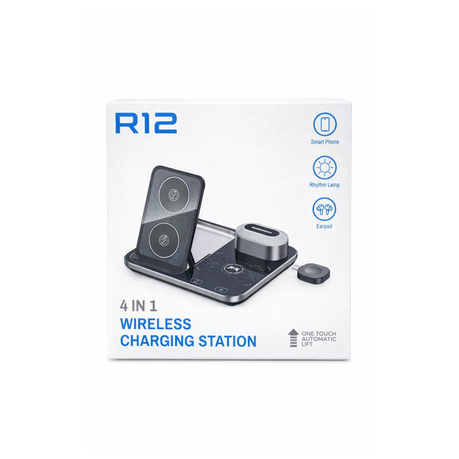 R12 4-in-1 wireless charging station packaging on a white background