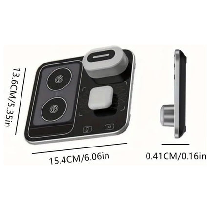 Measurement chart showing dimensions of a device with a USB-C port and wireless charging pad.