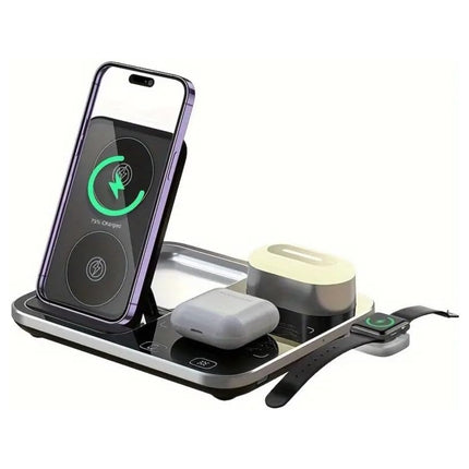 Multi-device wireless charging station with phone, airpods, and power bank on a white background