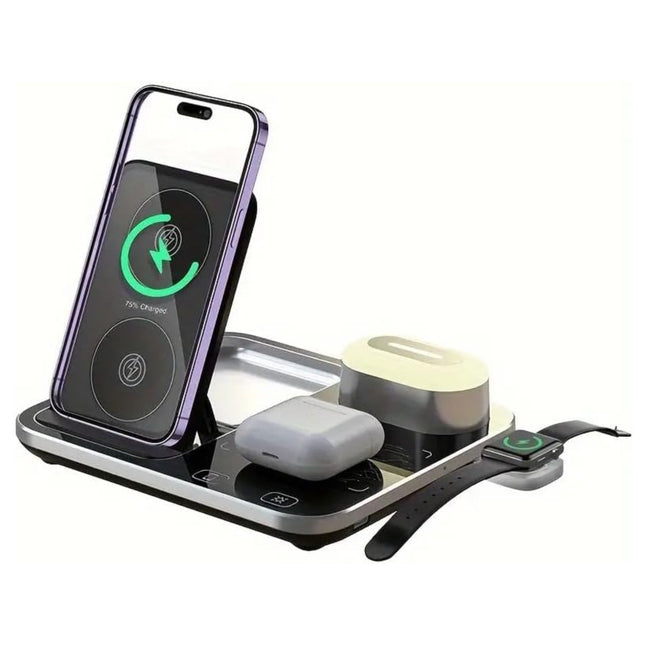 Multi-device wireless charging station with phone, airpods, and power bank on a white background