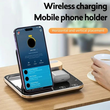 Wireless charging mobile phone holder with smartphone on a wooden surface
