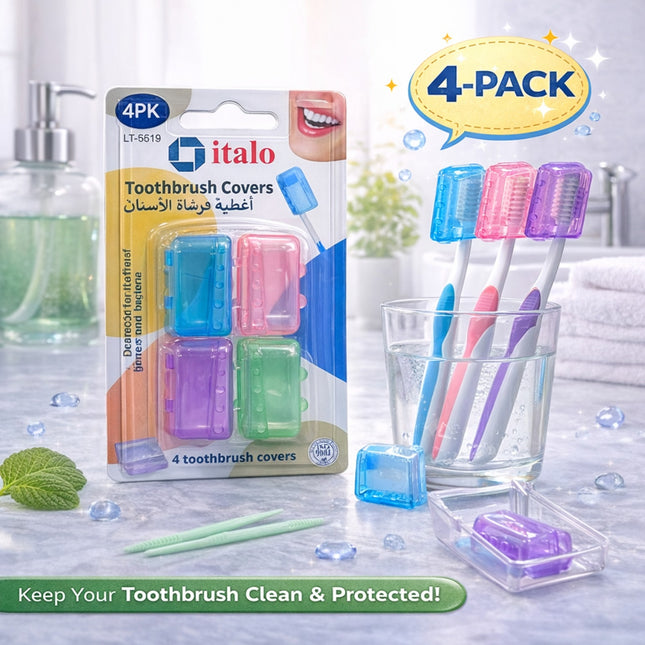 Italo toothbrush covers packaging with four colorful covers and toothbrushes in a bathroom setting.