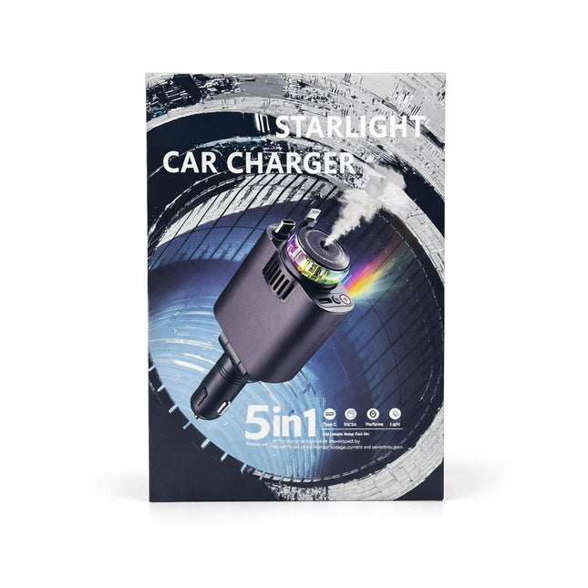 Starlight car charger packaging with a black car charger on a white background