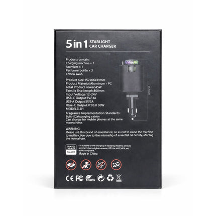 Back view of a 5in1 Starlight car charger packaging with product details on a white background.