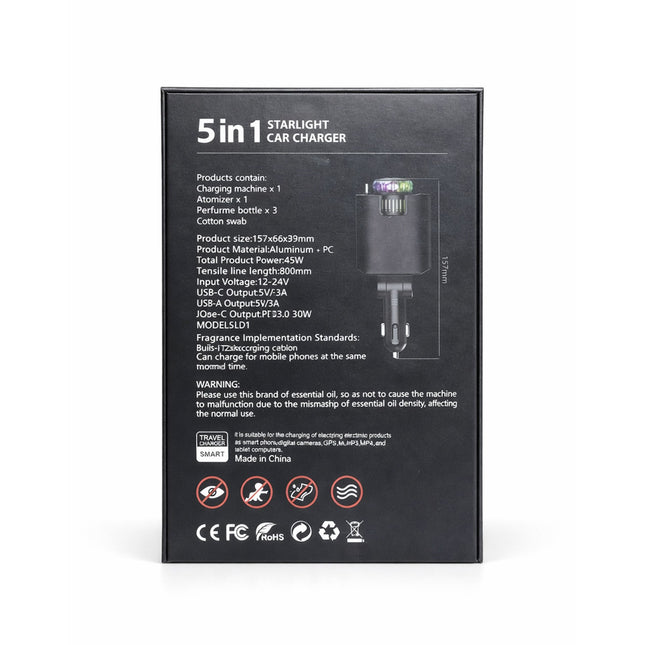 Back view of a 5in1 Starlight car charger packaging with product details on a white background.