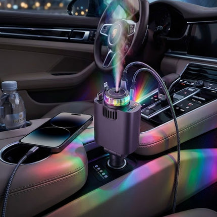Car interior with a device emitting colorful lights, a phone, and a water bottle.