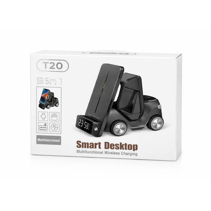 Smart desktop with wireless charging功能 on a white background