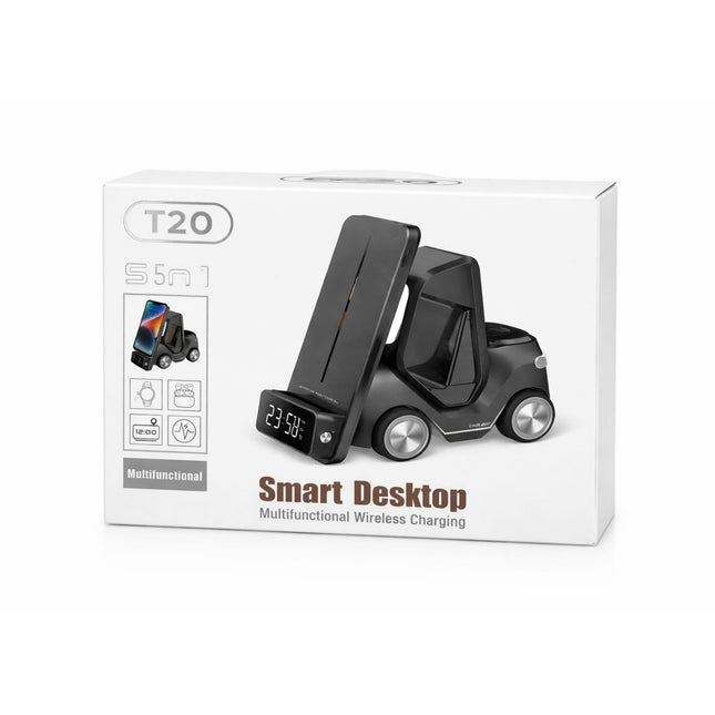 Smart desktop with wireless charging功能 on a white background
