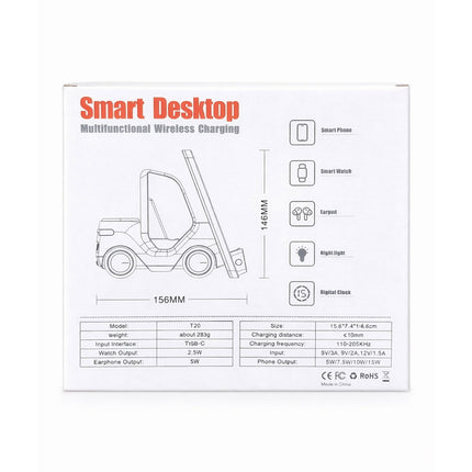 Smart Desktop multifunctional wireless charging device packaging with specifications.