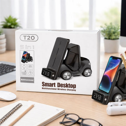 Smart desktop with phone charger and clock on a desk with T20 packaging