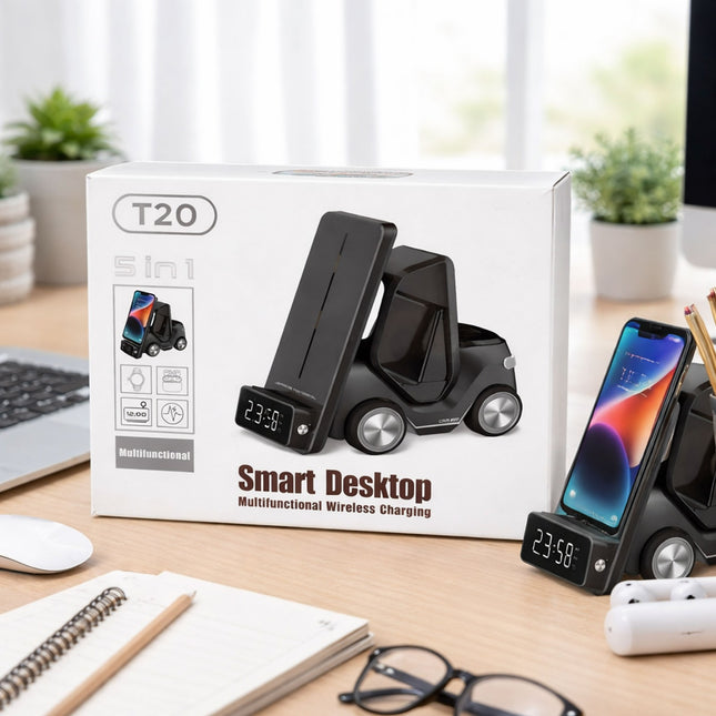 Smart desktop with phone charger and clock on a desk with T20 packaging