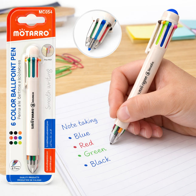 Motarro 6-color ballpoint pen with packaging and a hand writing on paper.