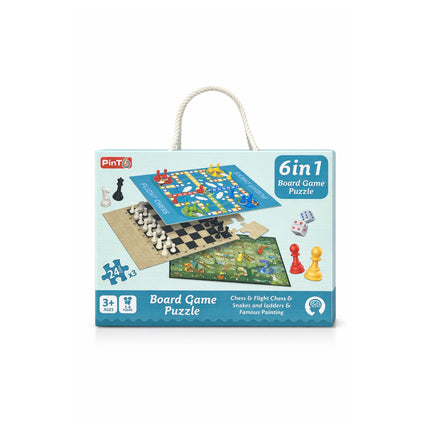 6-in-1 Board Game Puzzle packaging with illustrations of various board games on a white background
