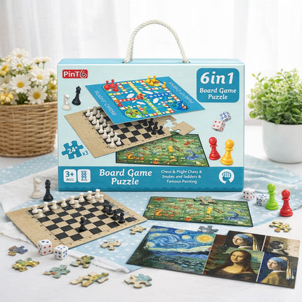6-in-1 board game puzzle set with pieces and puzzles displayed in front of the packaging.